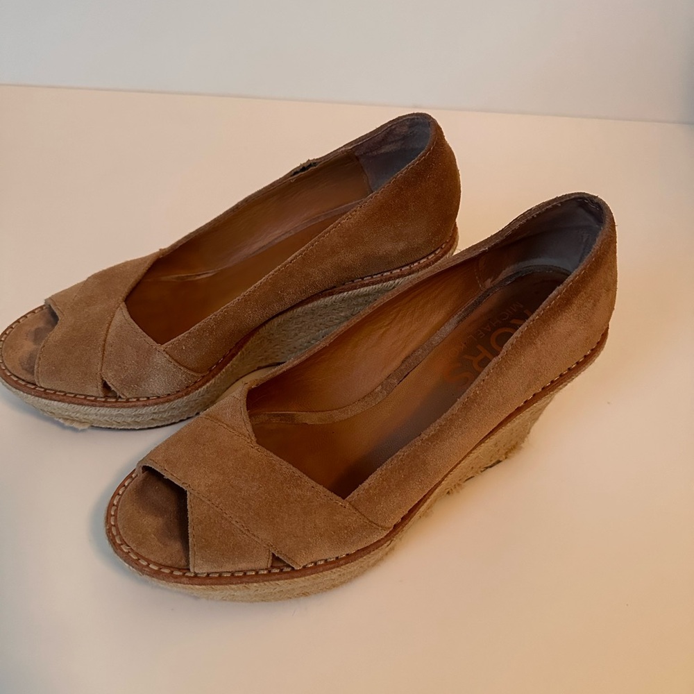 Michael Kors genuine suede leather, camel and off-white color, wedge espadrilles